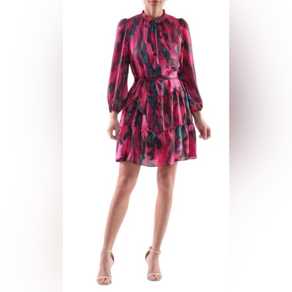 Julia Jordan Pink Blue Printed Balloon Sleeve Tie Belt Tiered Fit & Flare Dress - Picture 1 of 10